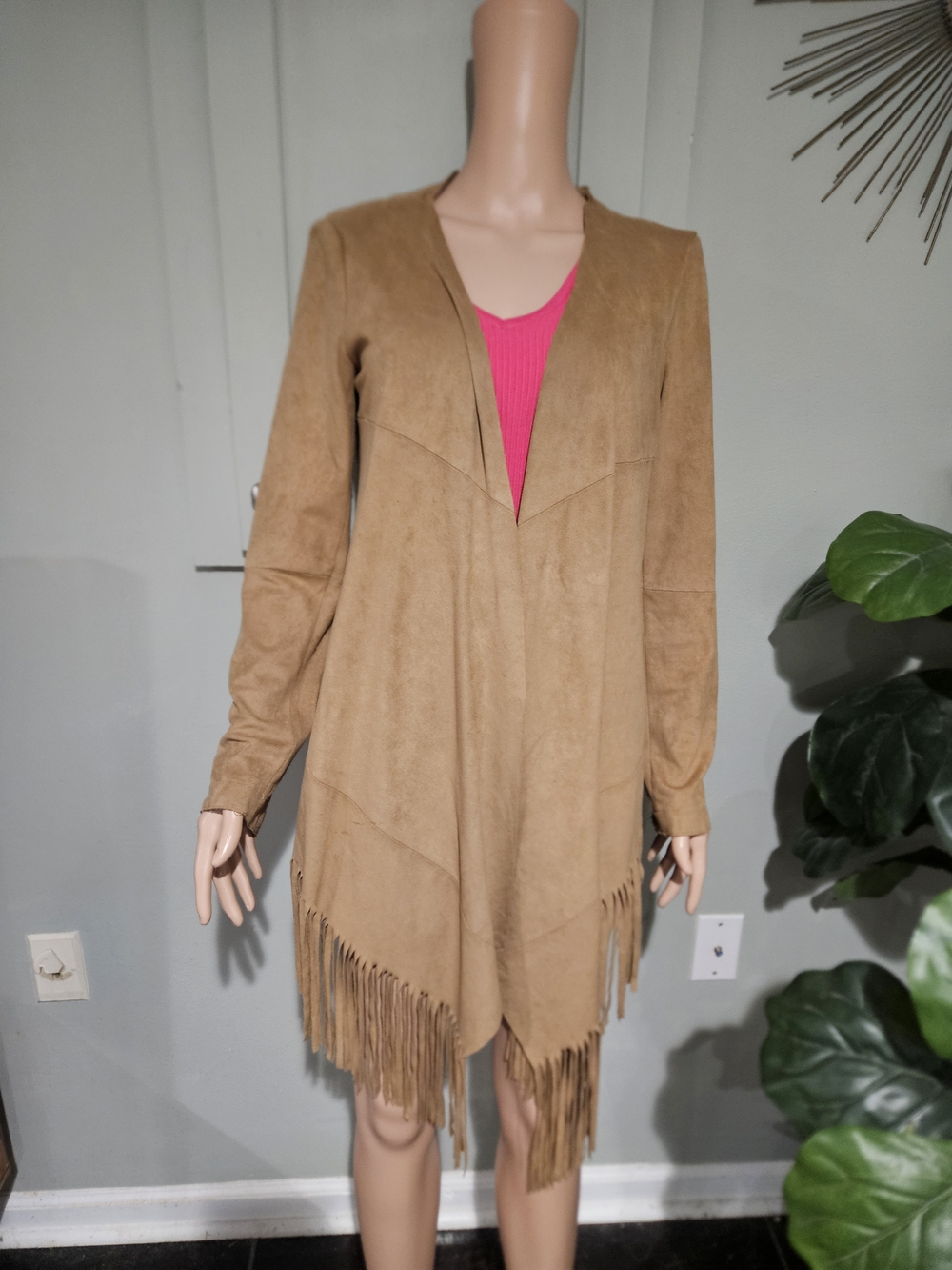 Zara Faux Suede Fringe Cardigan Jacket Western Boho Duster Tan. Size M - Picture 6 of 15